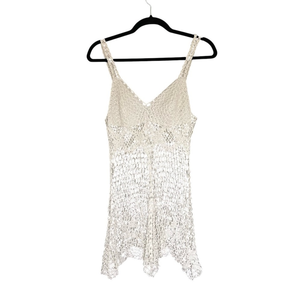 HANDMADE Crochet Open Knit Sleeveless Mini Dress Swimwear Coverup White S